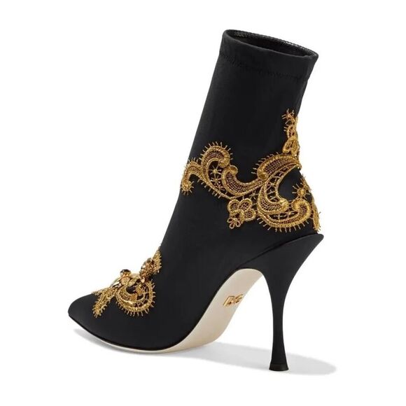 DOLCE & GABBANA Lori 100 Baroque Embroidery Lace Stretch Sock Boot Black Gold 35 - Picture 4 of 8